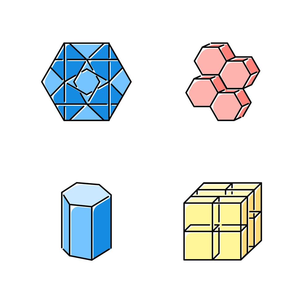 Geometric figures color icons set. Flat hexagon with ornate curves. Dimensional six corner combs. Prism solid model. Cube with grid. Abstract shapes. Isometric forms. Isolated vector illustrations