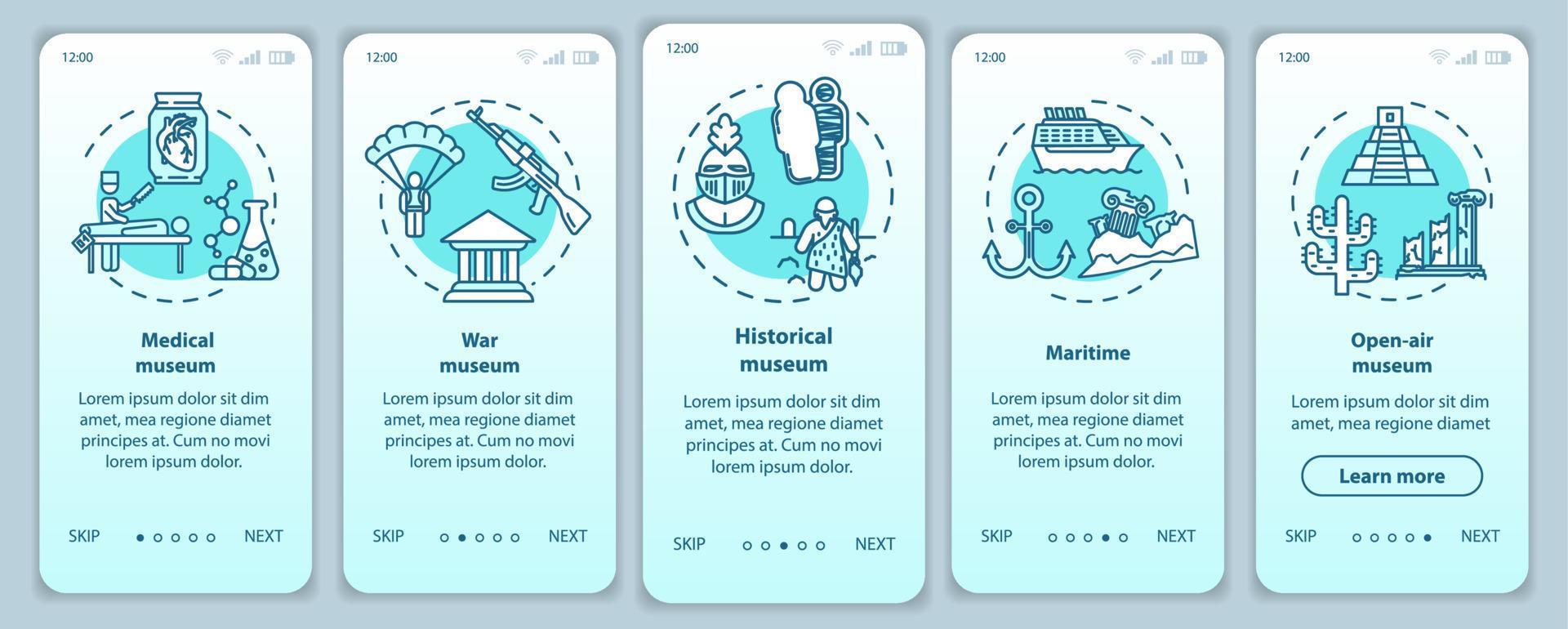 Exhibition and museum onboarding mobile app page screen vector template. Open-air exposition. Walkthrough website steps with linear illustrations. UX, UI, GUI smartphone interface concept