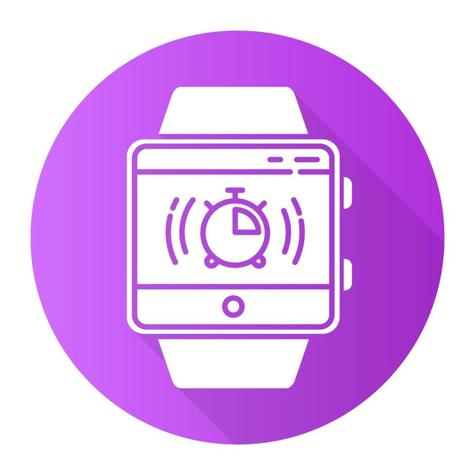 Stopwatch fitness tracker function purple flat design long shadow glyph icon. Smartwatch wristband capability.Timer, split interval, countdown. Milliseconds measurement. Vector silhouette illustration