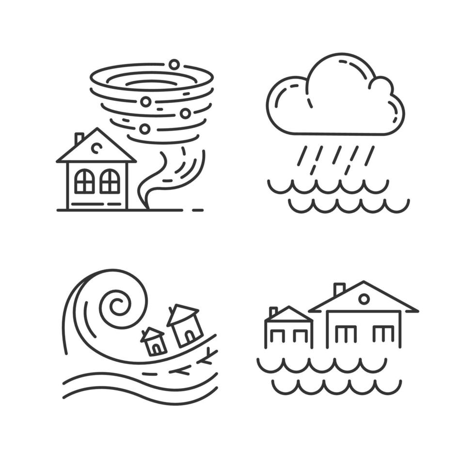 conjunto de iconos lineales de desastres naturales. peligro de cambios climáticos globales. tornado, inundación, aguacero, tsunami. símbolos de contorno de línea delgada. ilustraciones aisladas de contorno vectorial. trazo editable vector