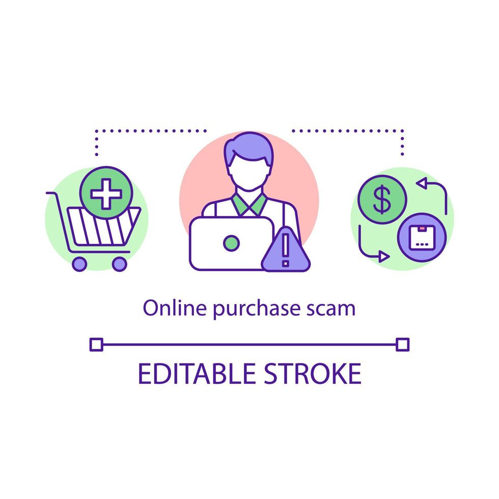 Online purchase scam concept icon. Internet shopping fraud idea thin line illustration. Financial fraud. Fake seller company, delivery service. Vector isolated outline drawing. Editable stroke