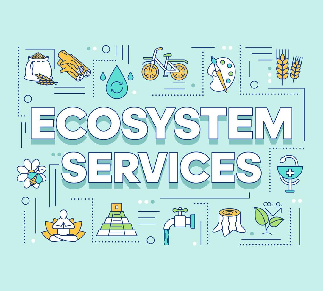 Ecosystem services word concepts banner. Provisioning, regulating. Cultural and health service. Presentation, website. Isolated lettering typography idea with linear icons. Vector outline illustration