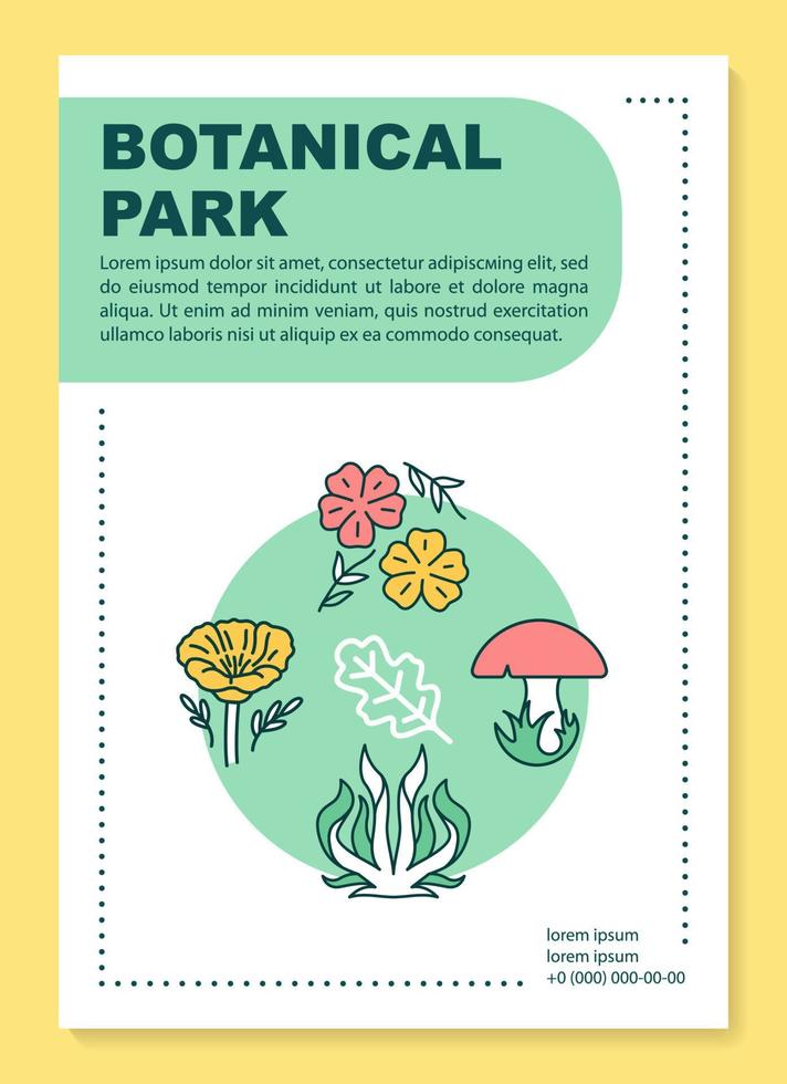 diseño de plantilla de póster del parque botánico. follaje otoñal y setas. banner, folleto, diseño de impresión de folleto con iconos lineales. diseños de página de folletos vectoriales para revistas, volantes publicitarios vector