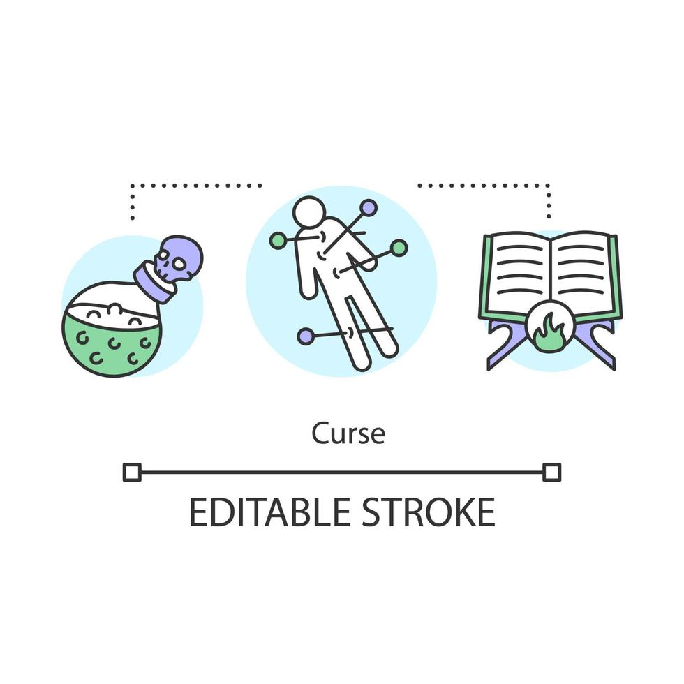Curse concept icon. Occultism and witchcraft idea thin line illustration. Black magic, death spell. Voodoo doll with needles, potion and spellbook vector isolated outline drawing. Editable stroke