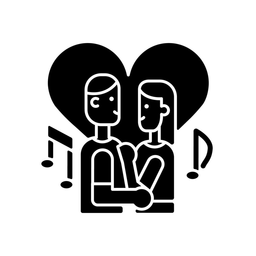Couple dancing black glyph icon. Married young people slow dancing. Dance lesson for couple. Party activities for lovers. Silhouette symbol on white space. Vector isolated illustration