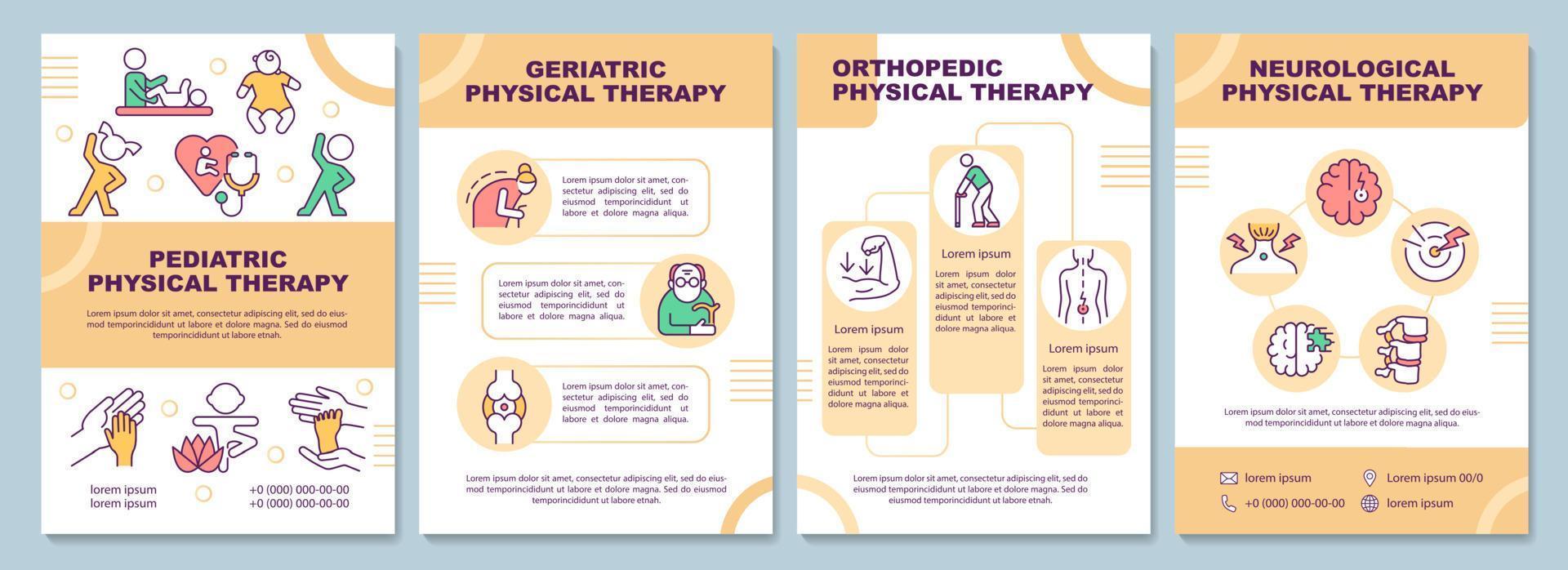 Physial therapy types brochure template. Health care. Flyer, booklet, leaflet print, cover design with linear icons. Vector layouts for presentation, annual reports, advertisement pages