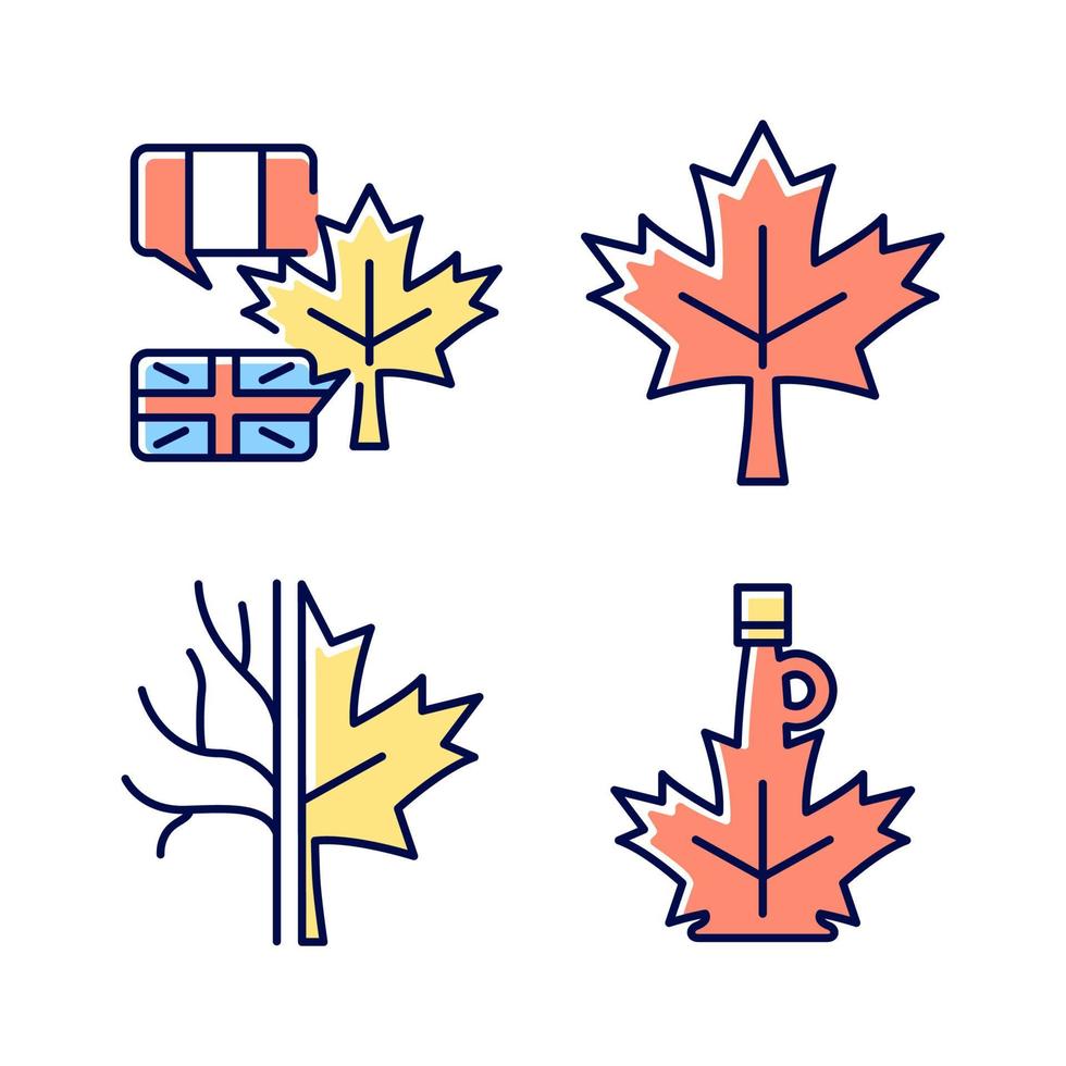 Maple leaf significance RGB color icons set. National emblem of Canada. Historic maple leaf symbol. Bilingual country. Isolated vector illustrations. Simple filled line drawings collection