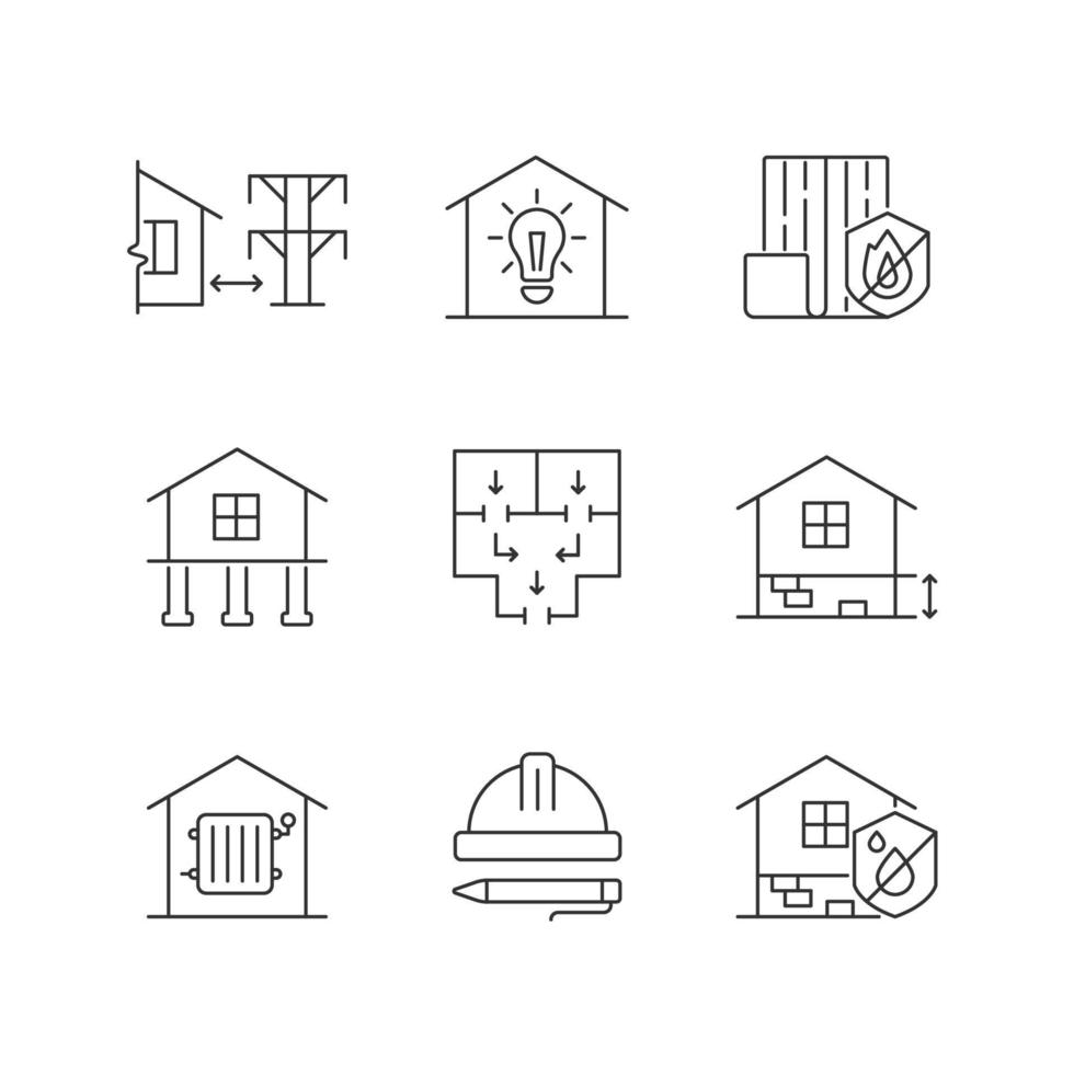 Building safety regulations linear icons set. Adequate housing. Resistance to fire. Electricity supply. Customizable thin line contour symbols. Isolated vector outline illustrations. Editable stroke