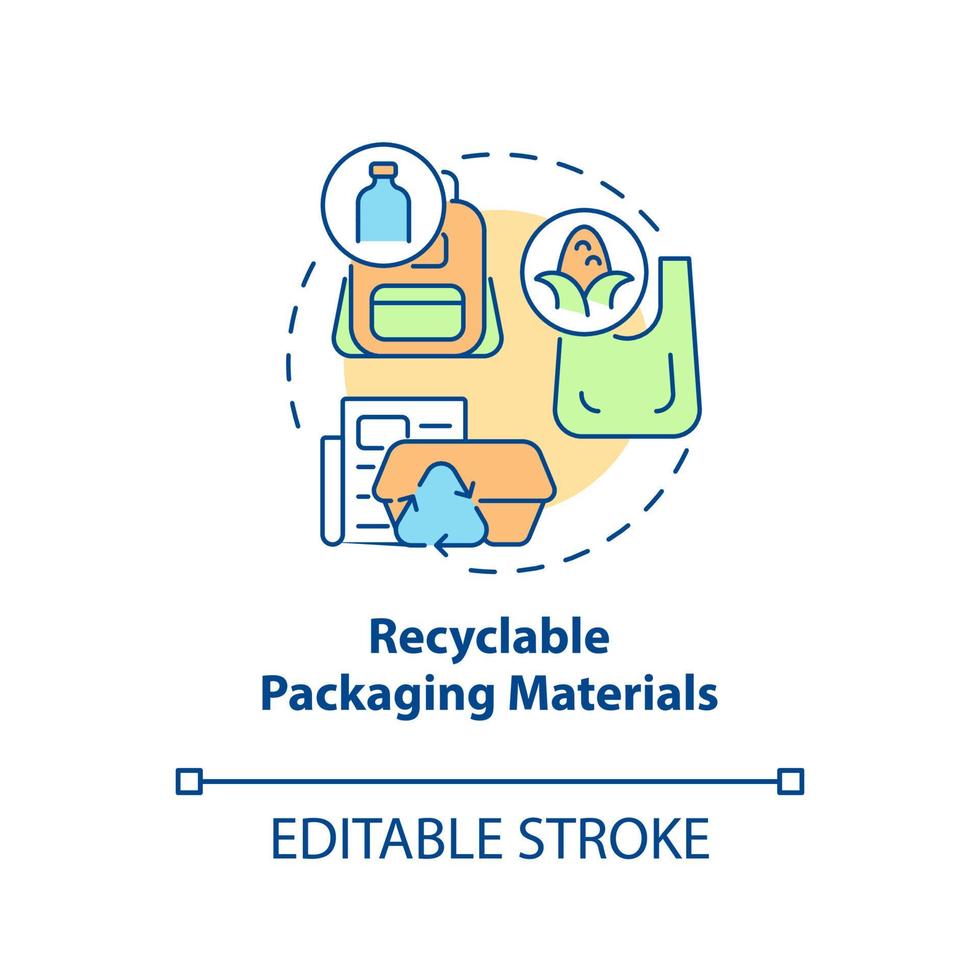 Recyclable packaging materials concept icon. Reduction in amount of unrecyclable garbage abstract idea thin line illustration. Vector isolated outline color drawing. Editable stroke