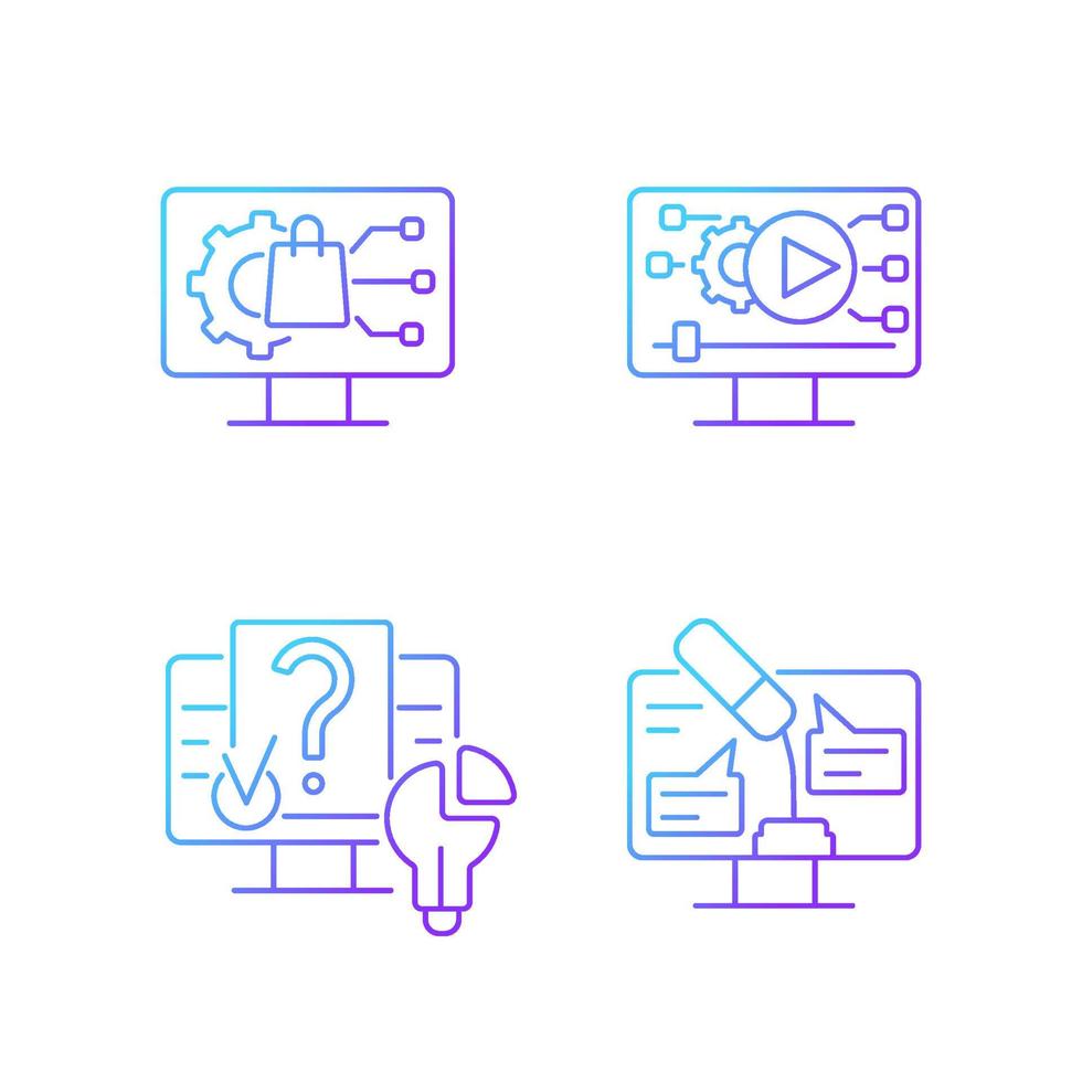Engaging with digital technology gradient linear vector icons set. Product development. Video for social media. Thin line contour symbols bundle. Isolated outline illustrations collection