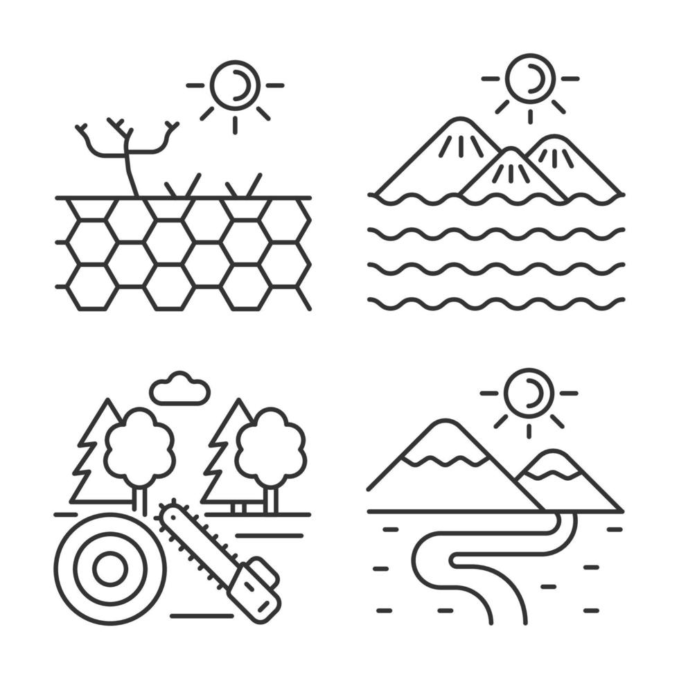 Diverse landforms linear icons set. Barren and working ground. Forest cutting industry. Land types. Customizable thin line contour symbols. Isolated vector outline illustrations. Editable stroke