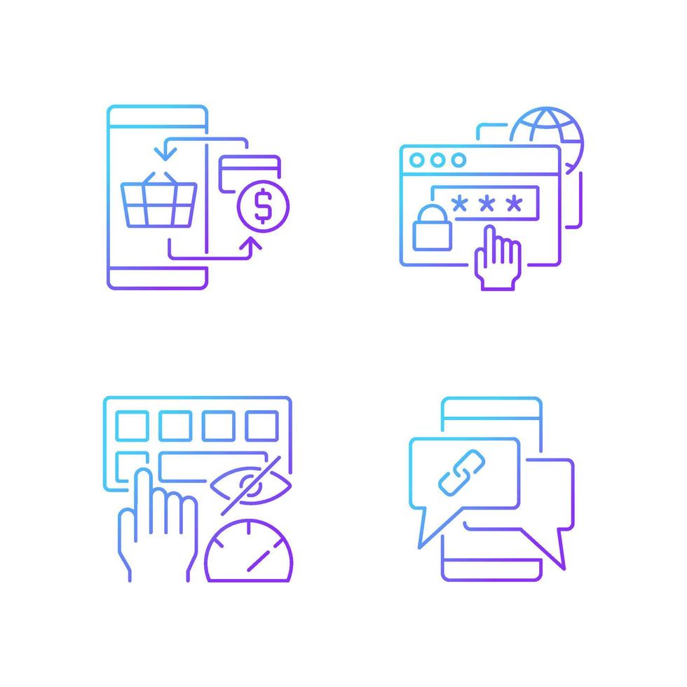 Dealing with digital technology gradient linear vector icons set. Personal security. Contactless payment. Blind typing. Thin line contour symbols bundle. Isolated outline illustrations collection