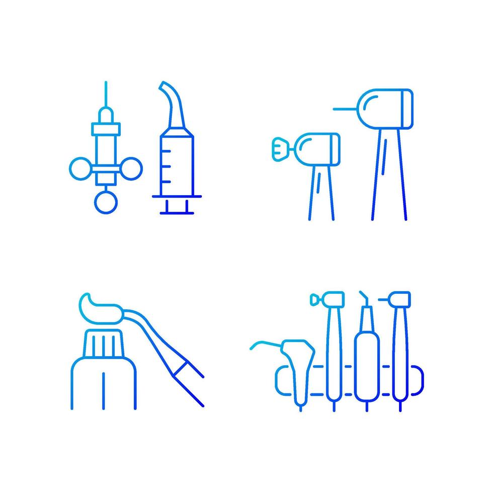 Oral surgery tools gradient linear vector icons set. Irrigation syringe. Brightening teeth. Resin dental material. Thin line contour symbols bundle. Isolated outline illustrations collection