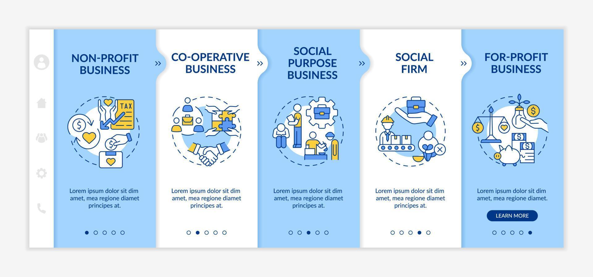 Types of social entrepreneurships onboarding vector template. Responsive mobile website with icons. Web page walkthrough 5 step screens. Business color concept with linear illustrations