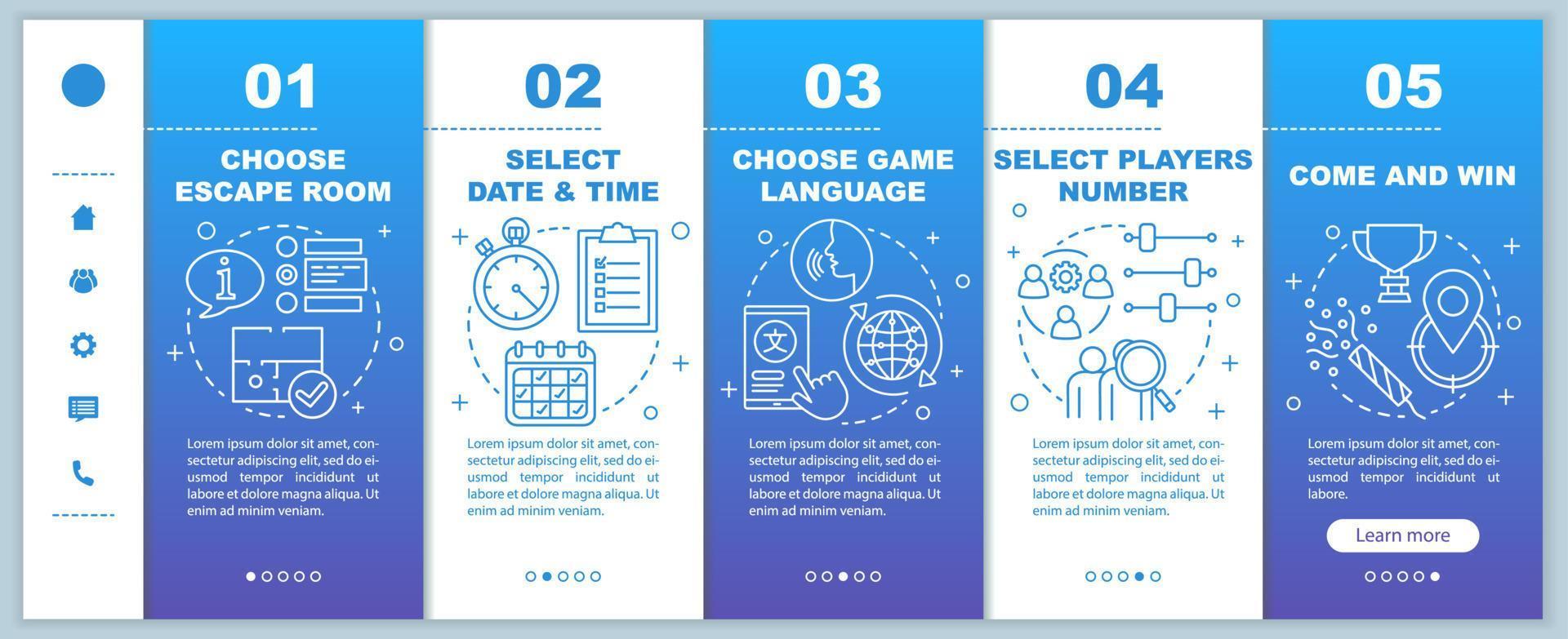 Escape room blue booking onboarding mobile web pages vector template. Choose quest. Responsive website interface idea with linear illustrations. Webpage walkthrough step screens. Color concept
