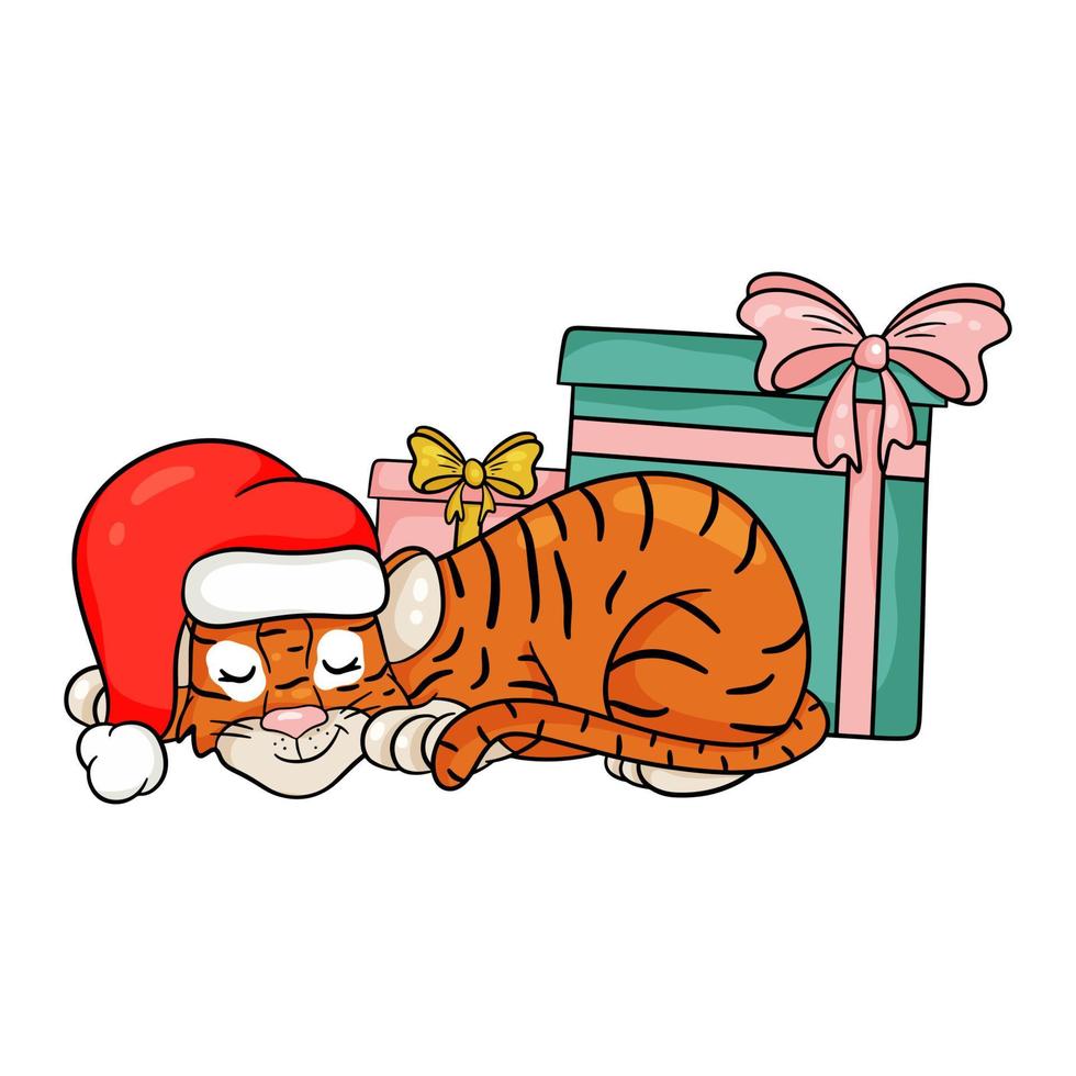 Tiger in Santa hat is sleeping in anticipation of Christmas.  The symbol of the new year according to the Chinese or Eastern calendar. Vector editable illustration, cartoon style