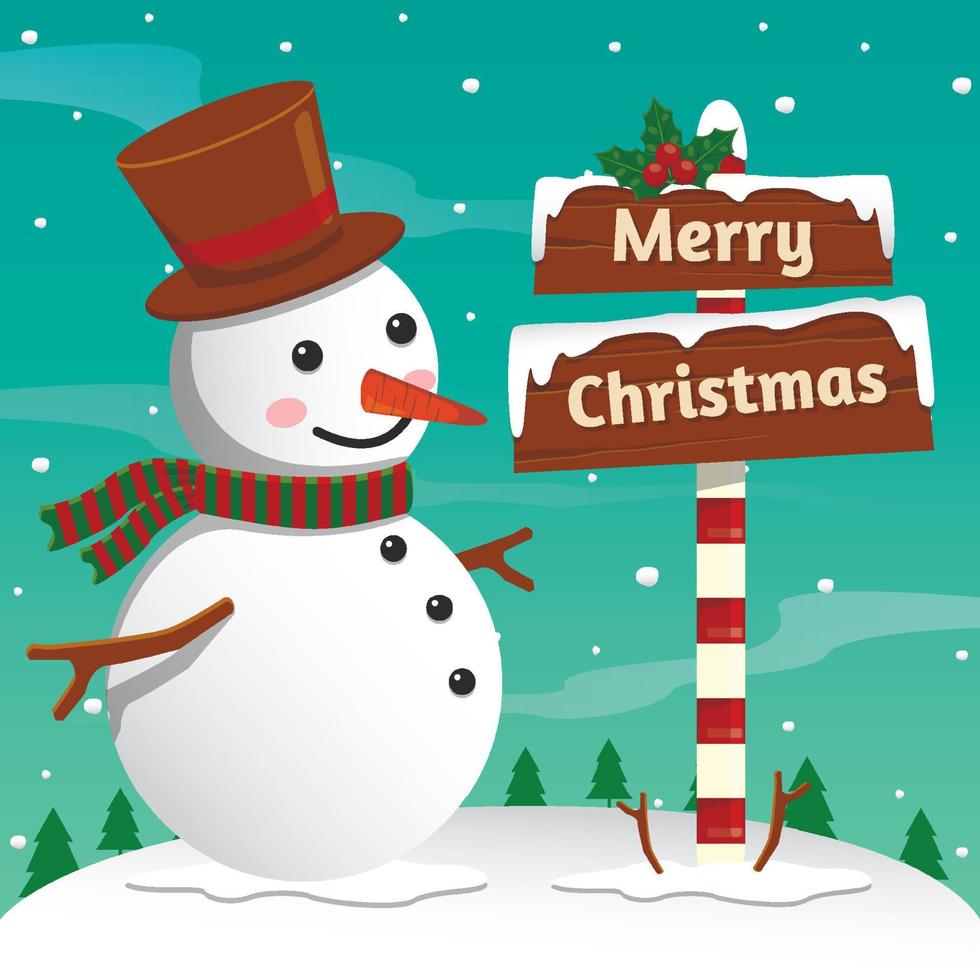 New year and Christmas greetings design. Winter holidays landscape. Background with snowman, houses and trees vector