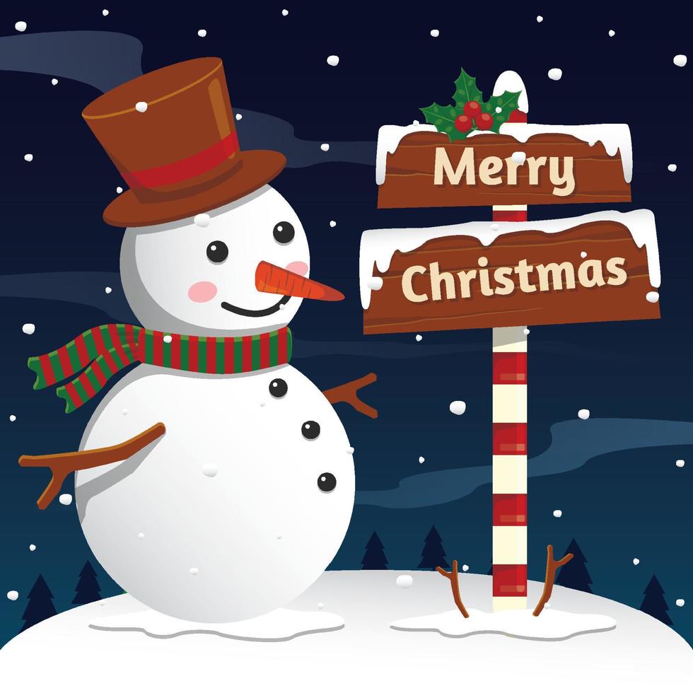 Snowman in winter snowfall landscape on Merry Christmas vector