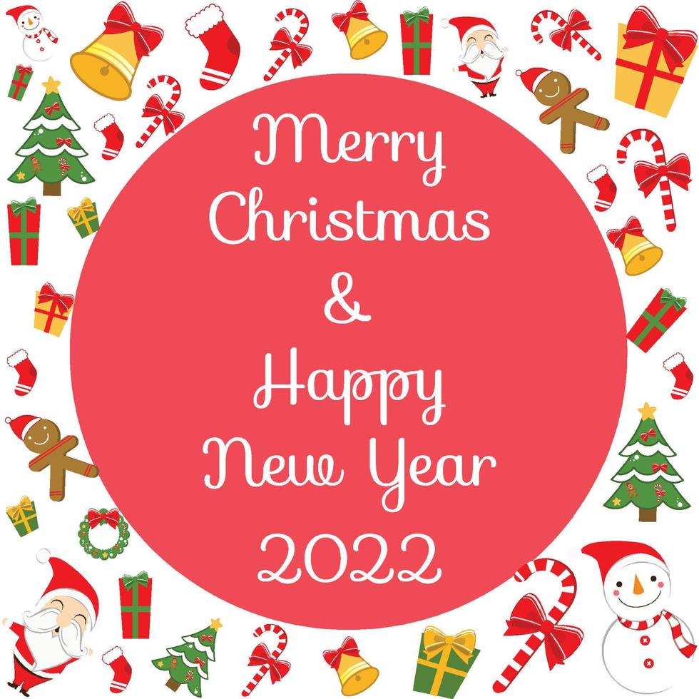 Merry Christmas with Red Background. Vector Illustration. Flat Christmas Icons with Square Frame.  Happy New Year Concept. Candy Cane, Christmas Tree, Candle, Gingerbread Man.