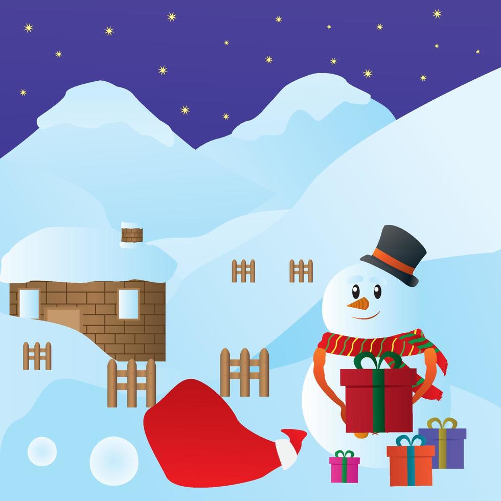 Funny Snowman with gifts in front of the house vector