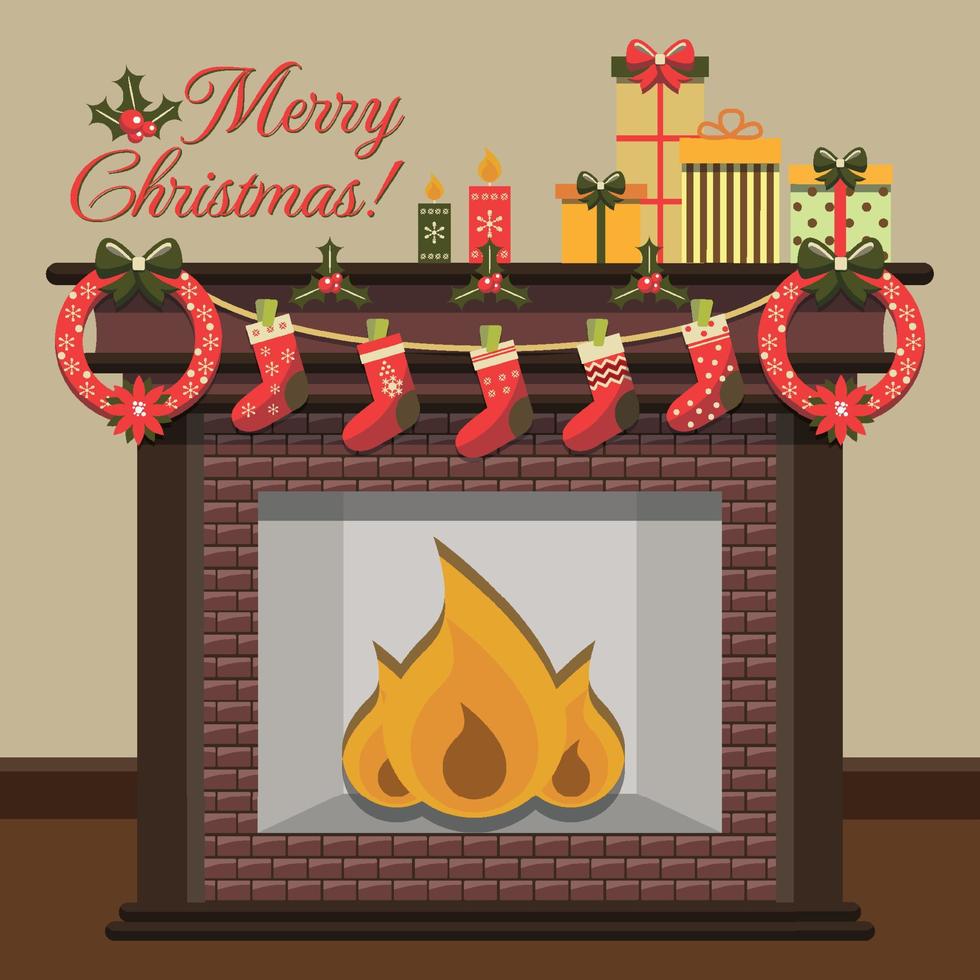 Christmas fireplace in colorful cartoon flat style. Orange garland. Merry Christmas and happy New year. vector