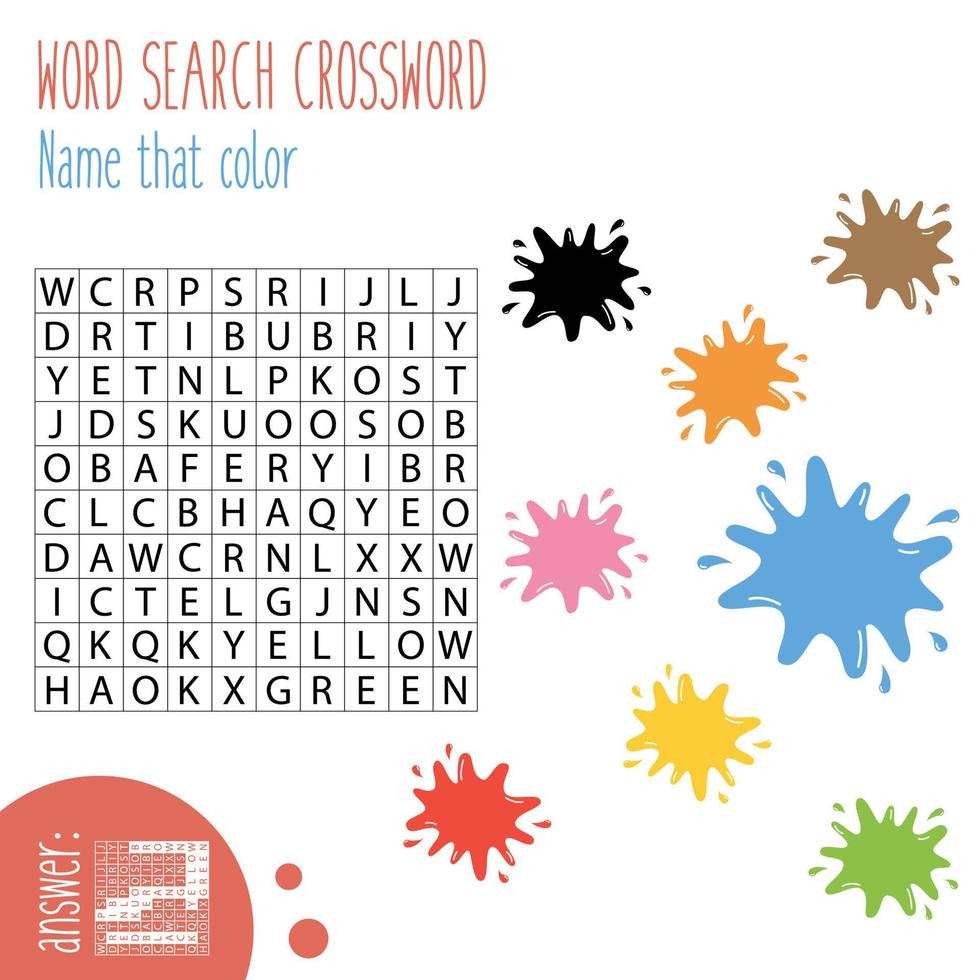 Easy word search crossword puzzle, for children in elementary and middle school. Fun way to practice language comprehension and expand vocabulary. Includes answers. vector