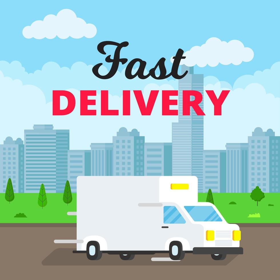 Fast delivery truck service on the road. Car van with city landscape behind flat style design vector illustration isolated on light blue background. Symbol of delivery company.