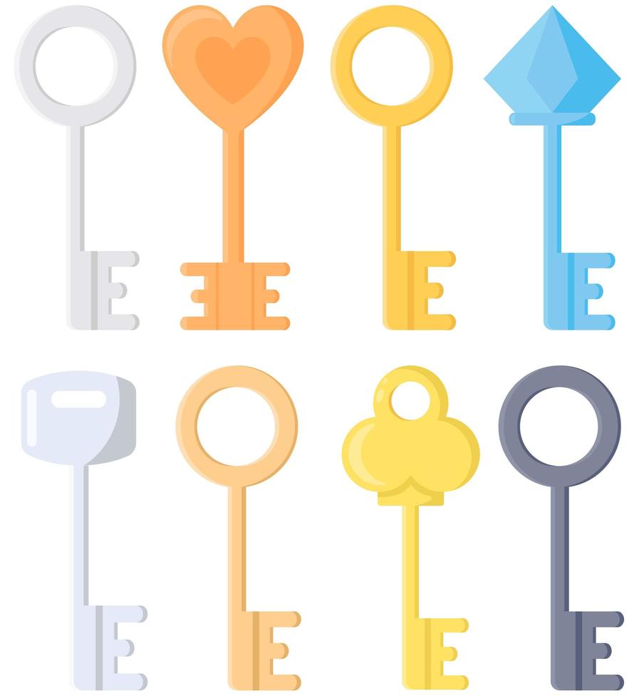 set of eight different keys in simple flat style vector