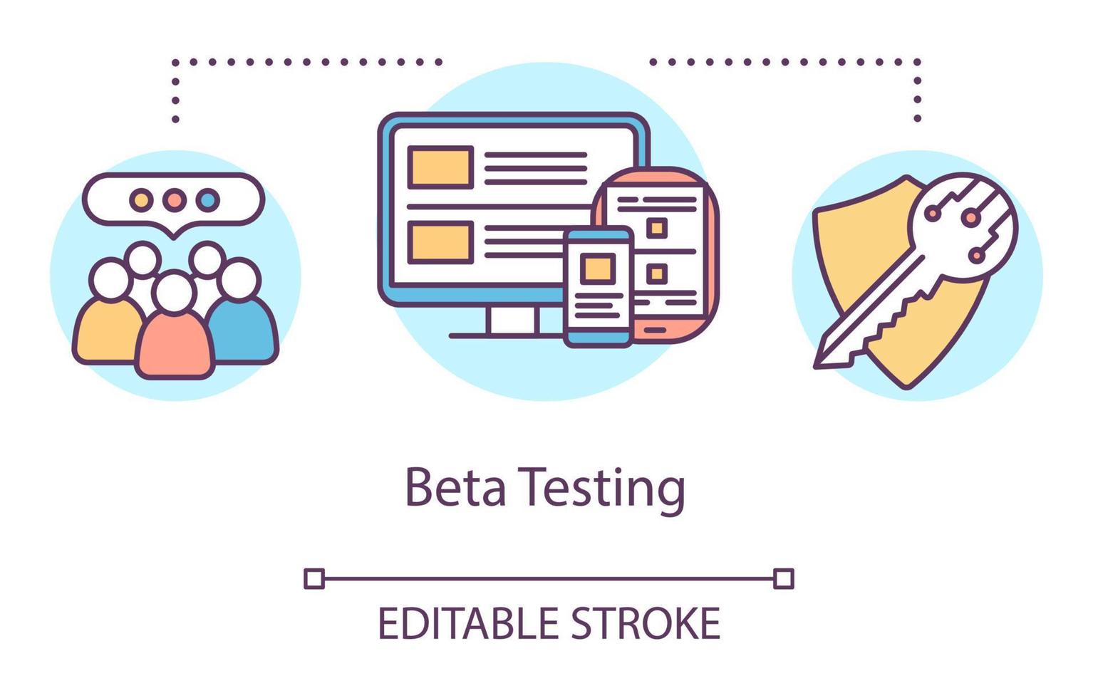 Beta testing concept icon. User verification idea thin line illustration. Software testing process. Indicating issues and problems. Vector isolated outline drawing. Editable stroke