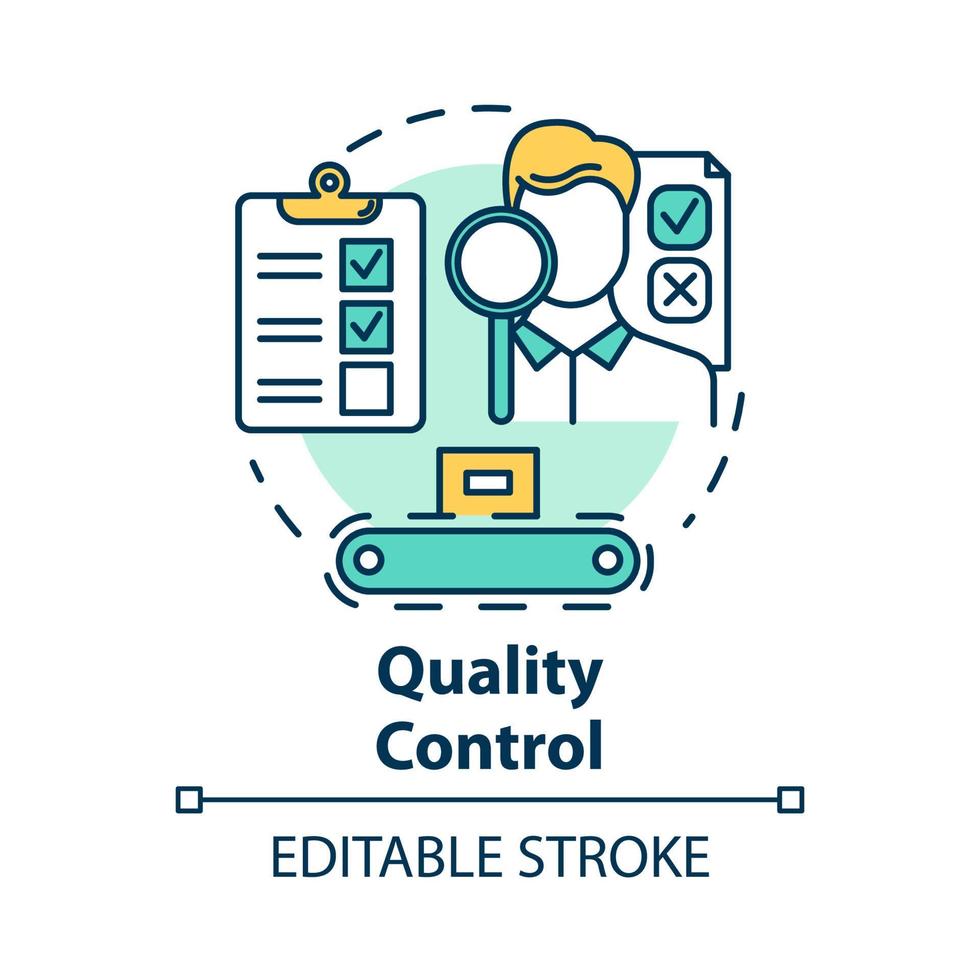 Quality control concept icon. Characteristics monitoring. Check product. Conformity inspection of production processes idea thin line illustration. Vector isolated outline drawing. Editable stroke