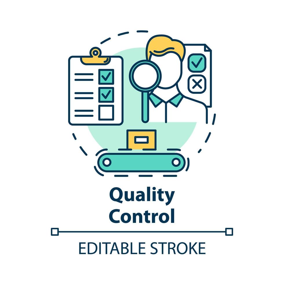 icono del concepto de control de calidad. seguimiento de características. comprobar producto. inspección de conformidad de los procesos de producción idea ilustración de línea delgada. dibujo de contorno aislado vectorial. trazo editable vector