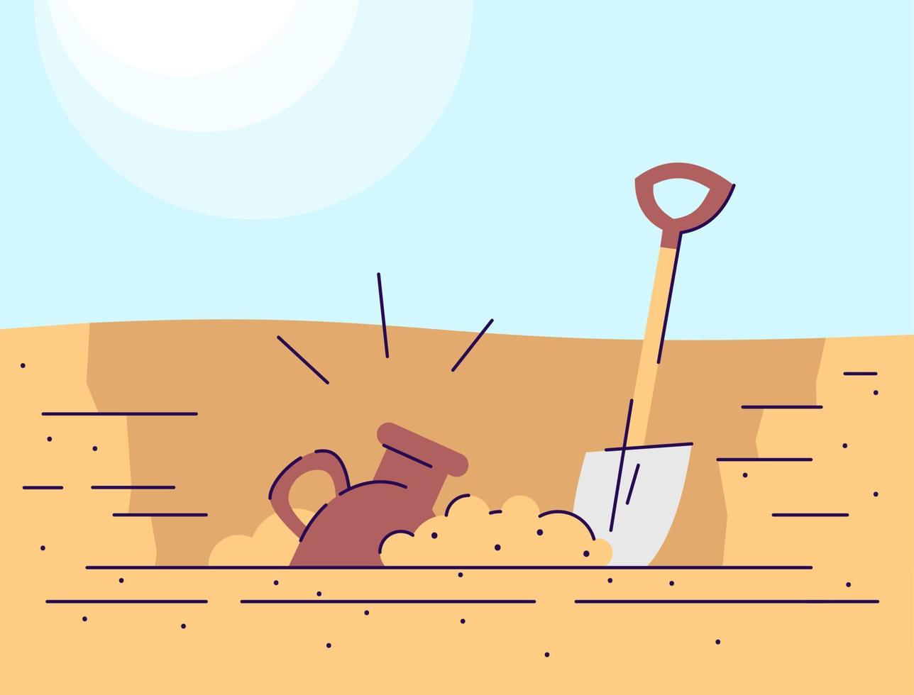 Archaeological excavations flat vector illustration. Old civilization researching. Learning of early world history. Ancient jug in ground and spade. Antique amphora and shovel cartoon backdrop