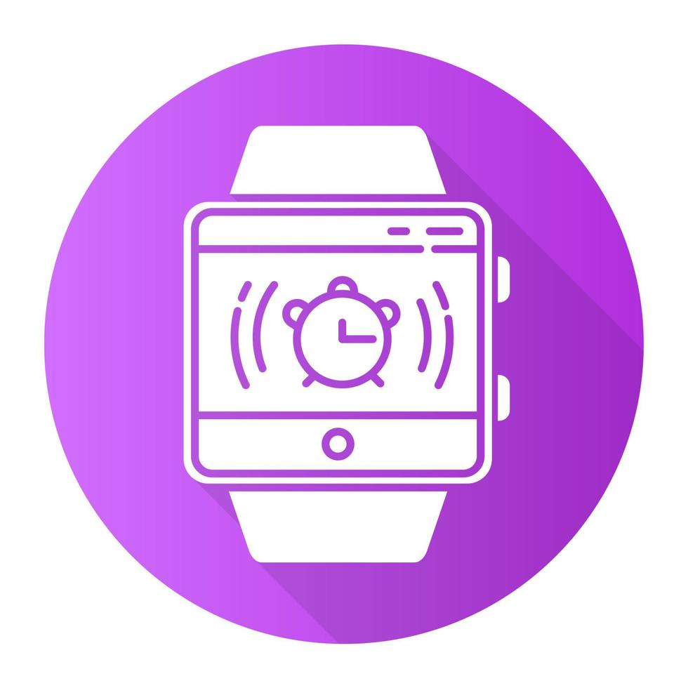 despertador función reloj inteligente púrpura diseño plano icono de glifo de sombra larga. despierta del sueño nocturno y siestas cortas con sonido y vibración. pulsera de fitness. ilustración de silueta vectorial vector