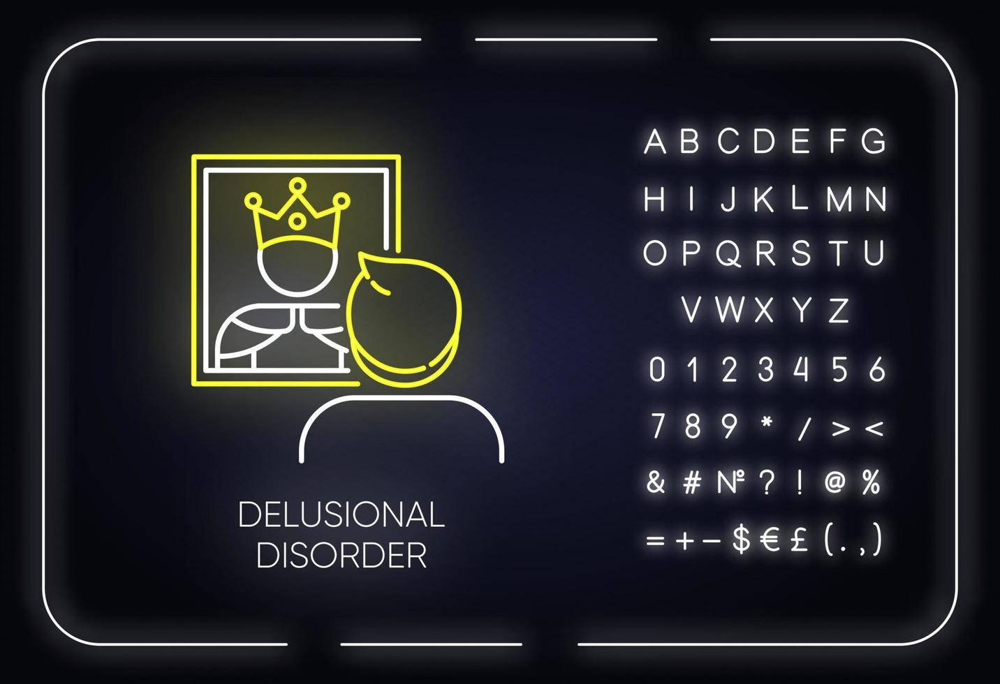 Delusional disorder neon light icon. Man in mirror. Bizzare beliefs. Optical delusion. Megalomania. Mental illness. Glowing sign with alphabet, numbers and symbols. Vector isolated illustration