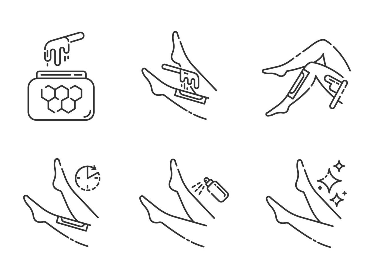 Shin waxing linear icons set. Leg hair removal with natural honey hot wax strips process. Body depilation steps. Thin line contour symbols. Isolated vector outline illustrations. Editable stroke