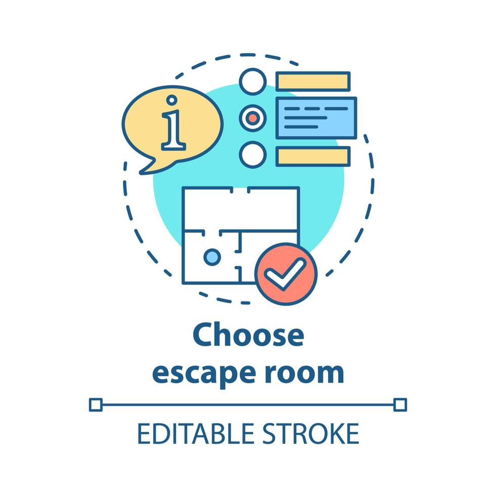 Elija el icono del concepto de sala de escape. seleccione ilustración de línea fina de idea de tipo de búsqueda. elección del juego de estrategia. comparar información y tomar decisiones. dibujo de contorno aislado vectorial. trazo editable vector