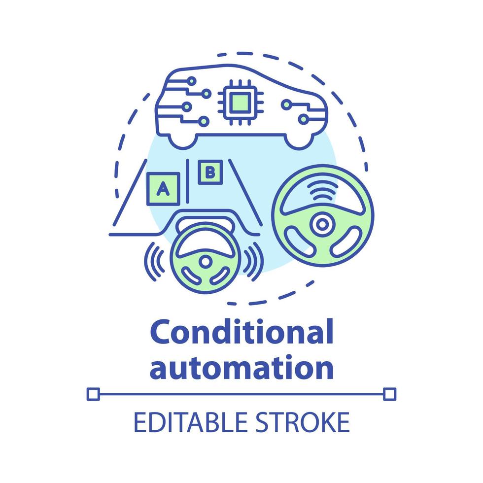 Conditional automation concept icon. Adaptive cruise control. Car with autonomous features. System for safe driving idea thin line illustration. Vector isolated outline drawing. Editable stroke