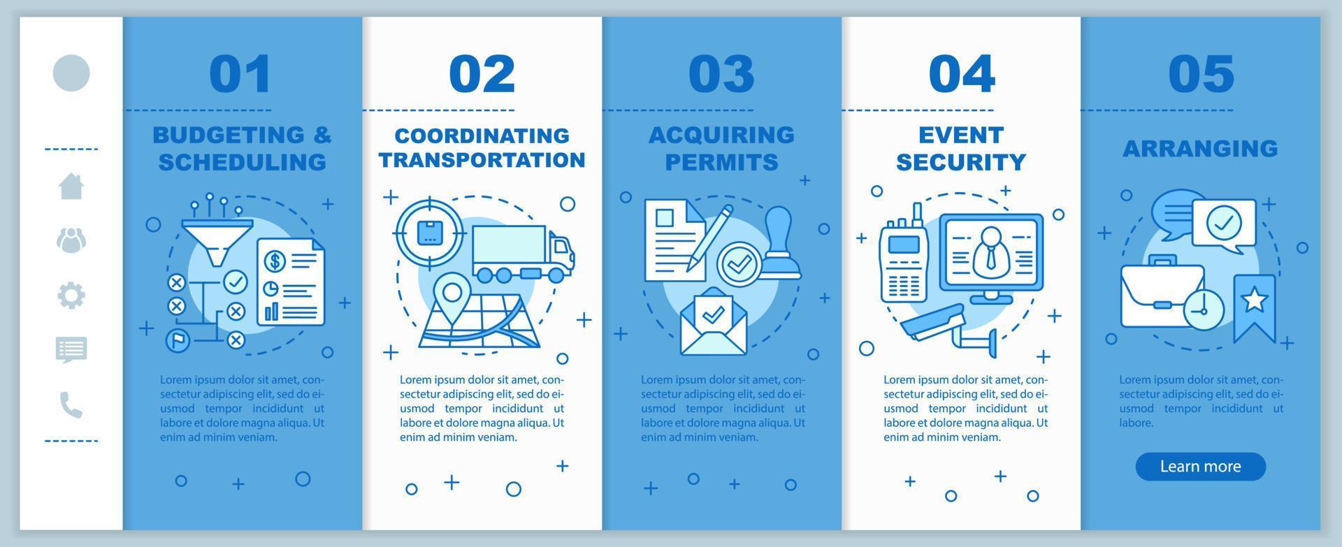 Event planning onboarding mobile web pages vector template. Budgeting and scheduling, arranging, transportation. Responsive smartphone website interface idea with linear illustrations