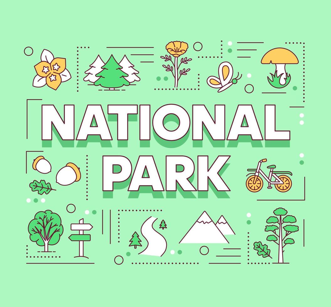 banner de conceptos de palabras del parque nacional. reserva forestal. follaje natural. recreación activa al aire libre. presentación, sitio web. idea de tipografía de letras aisladas con iconos lineales. ilustración de contorno vectorial vector