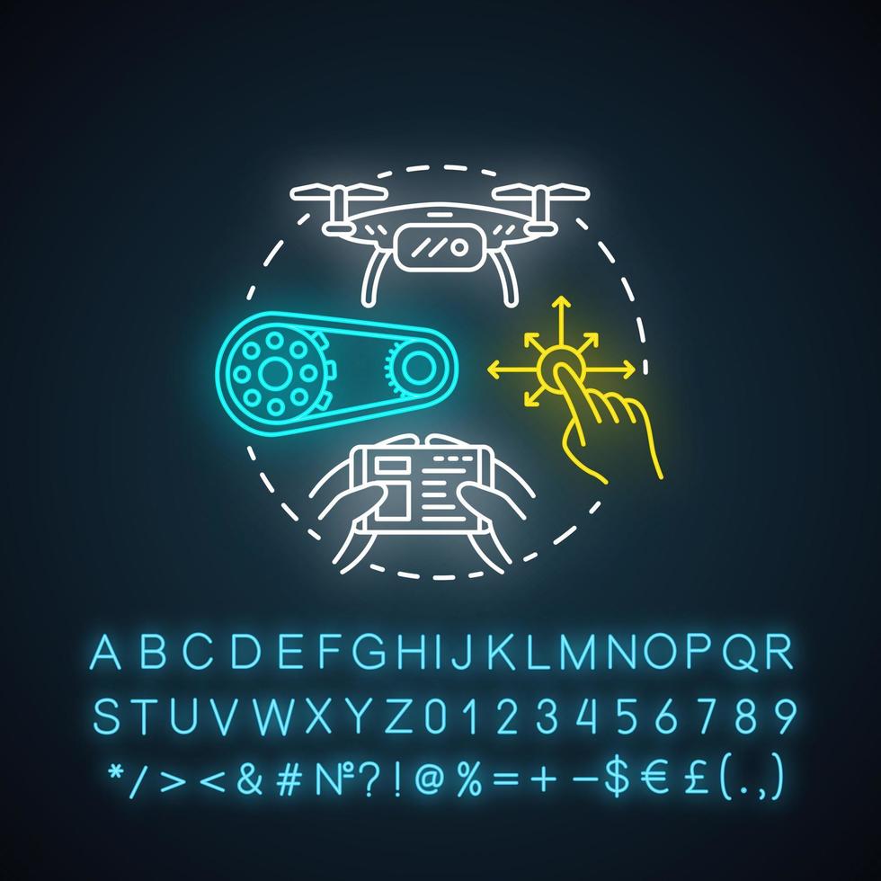 Control of mobile robots neon light concept icon. Motion at distance idea. Software and controllers for drones, devices. Glowing sign with alphabet, numbers and symbols. Vector isolated illustration
