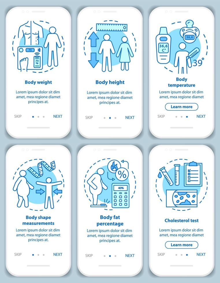 medición de la salud corporal incorporando la pantalla de la página de la aplicación móvil con el conjunto de conceptos lineales. peso y altura. tutorial paso a paso instrucciones gráficas. ux, ui, plantilla vectorial gui con ilustraciones vector