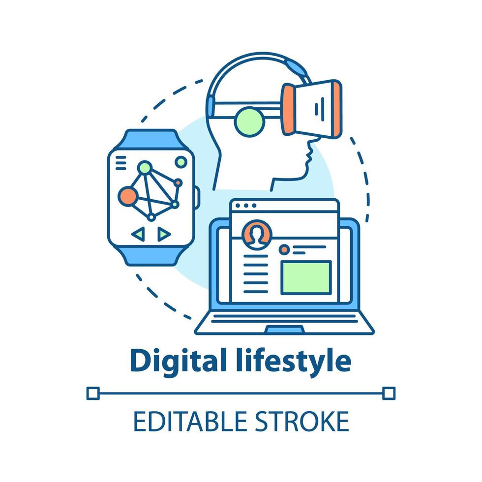 Digital lifestyle concept icon. Virtual reality idea thin line illustration. Modern entertainment. Internet connection, social technology. Vector isolated outline drawing. Editable stroke