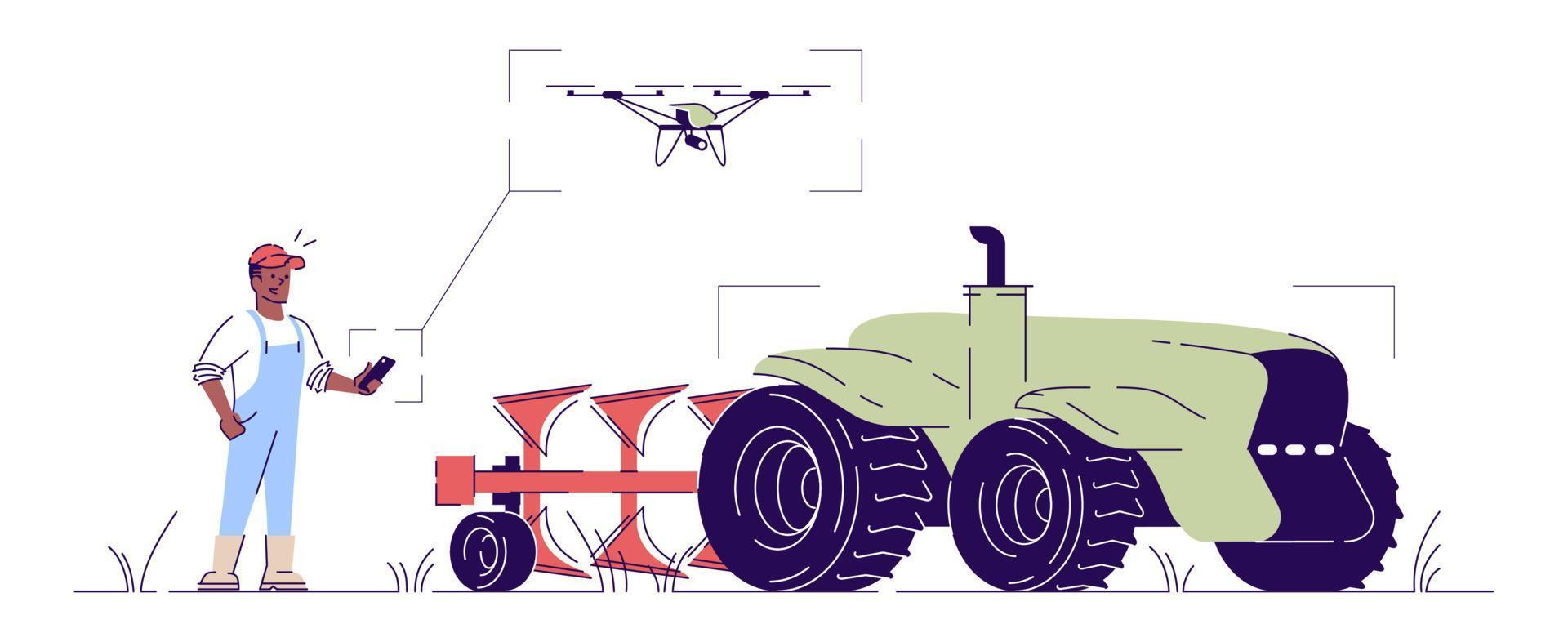 Self driving drone tractor flat illustration. Smart farming equipment, Iot in agriculture cartoon concept with outline. Agricultural machinery. Farmer character control driverless tractor with plough vector