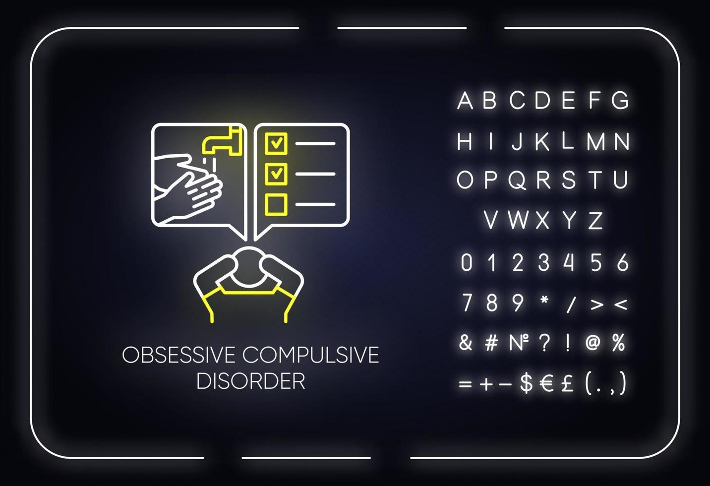 Obsessive-compulsive disorder neon light icon. Disturbed man. Thinking under pressure. Perfectionist. Mental health. Glowing sign with alphabet, numbers and symbols. Vector isolated illustration