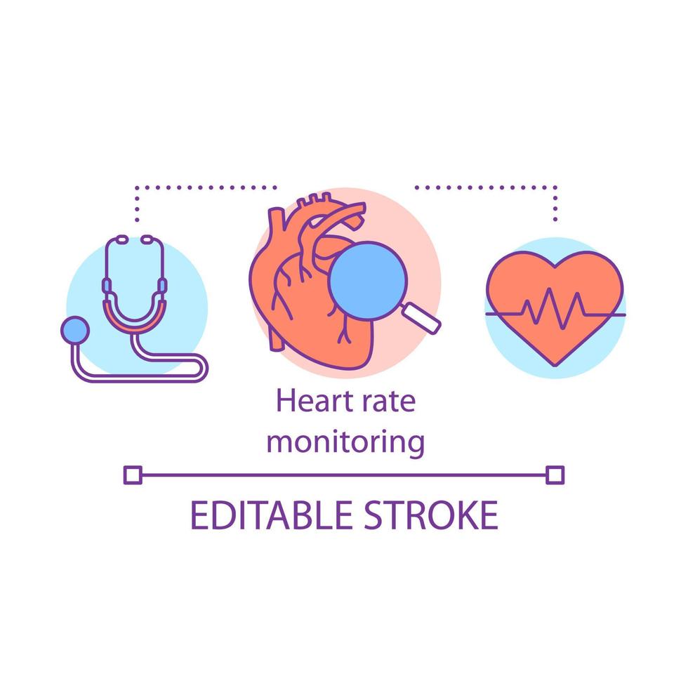 icono del concepto de monitorización de la frecuencia cardíaca. ilustración de línea delgada de idea de control de salud cardiológica. estetoscopio, equipo para latidos cardíacos, control de pulso. dibujo de contorno aislado vectorial. trazo editable.. vector