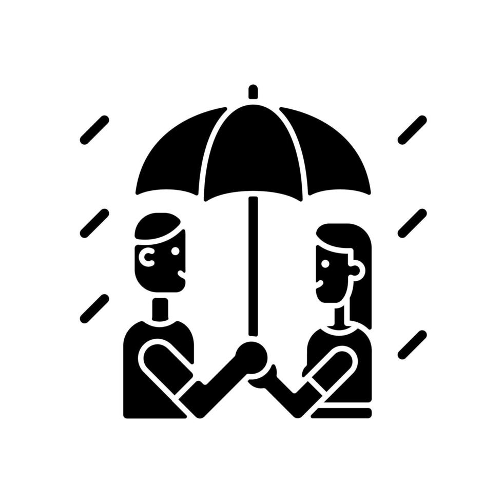 Walking under rain black glyph icon. Couple under umbrella in rainy weather. Sharing umbrella with girlfriend, boyfriend. Silhouette symbol on white space. Vector isolated illustration
