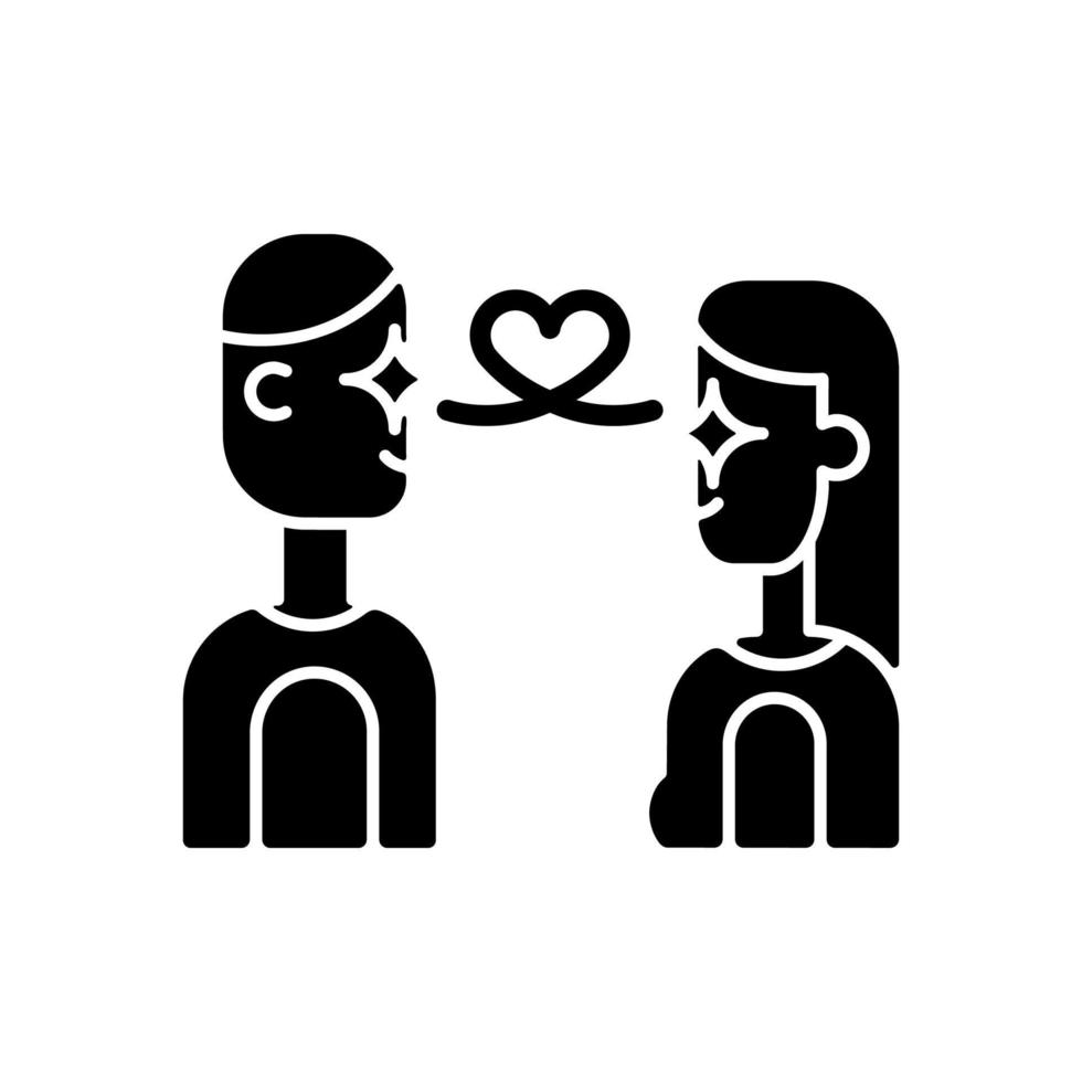 Love at first sight black glyph icon. Instantly falling in love. Mutual romantic feeling. Two people infatuated by each other. Silhouette symbol on white space. Vector isolated illustration