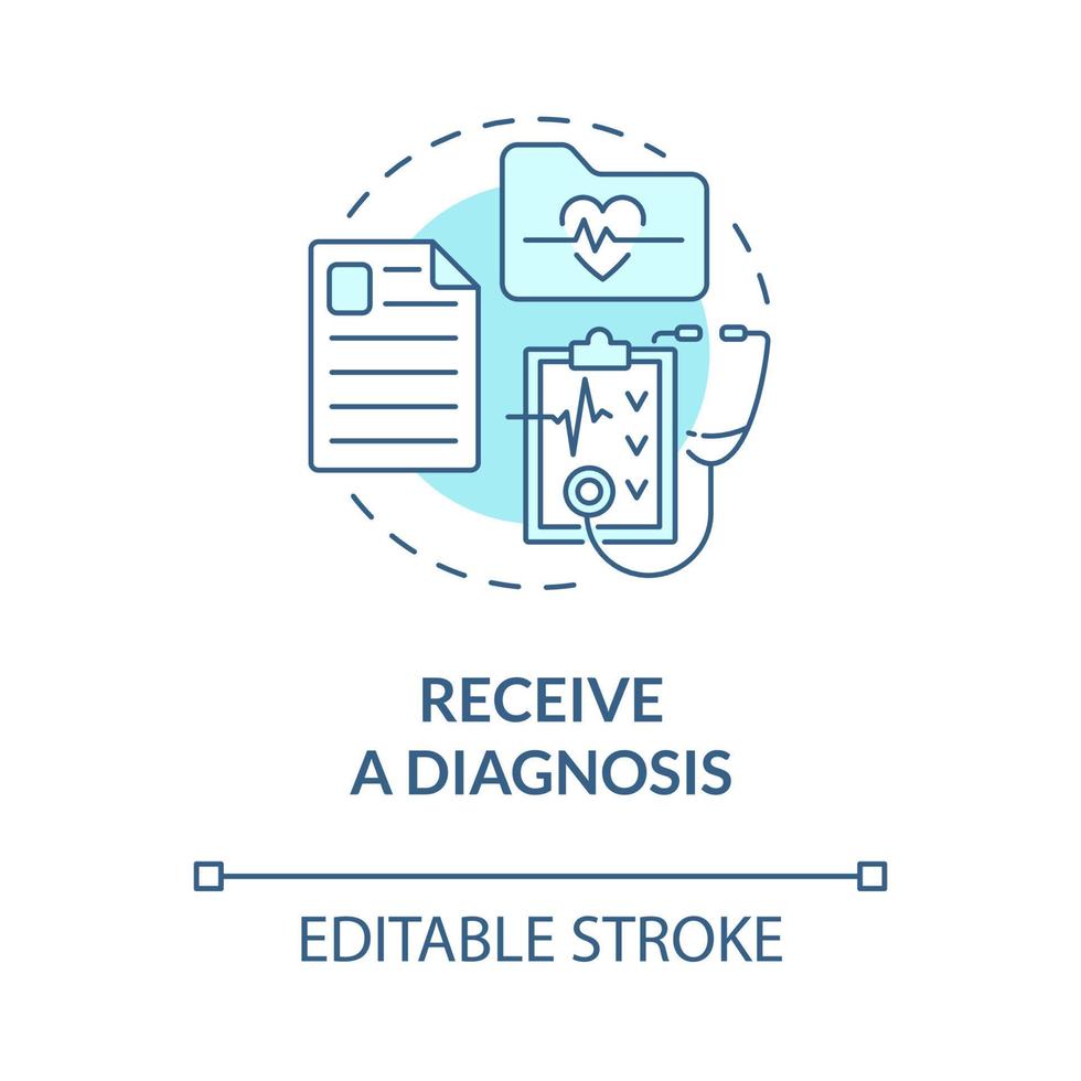 recibir el icono de concepto azul de diagnóstico. consultoría médica profesional. examen cardíaco en la clínica. fisioterapia idea abstracta ilustración de línea delgada. dibujo de color de contorno aislado vectorial. trazo editable vector