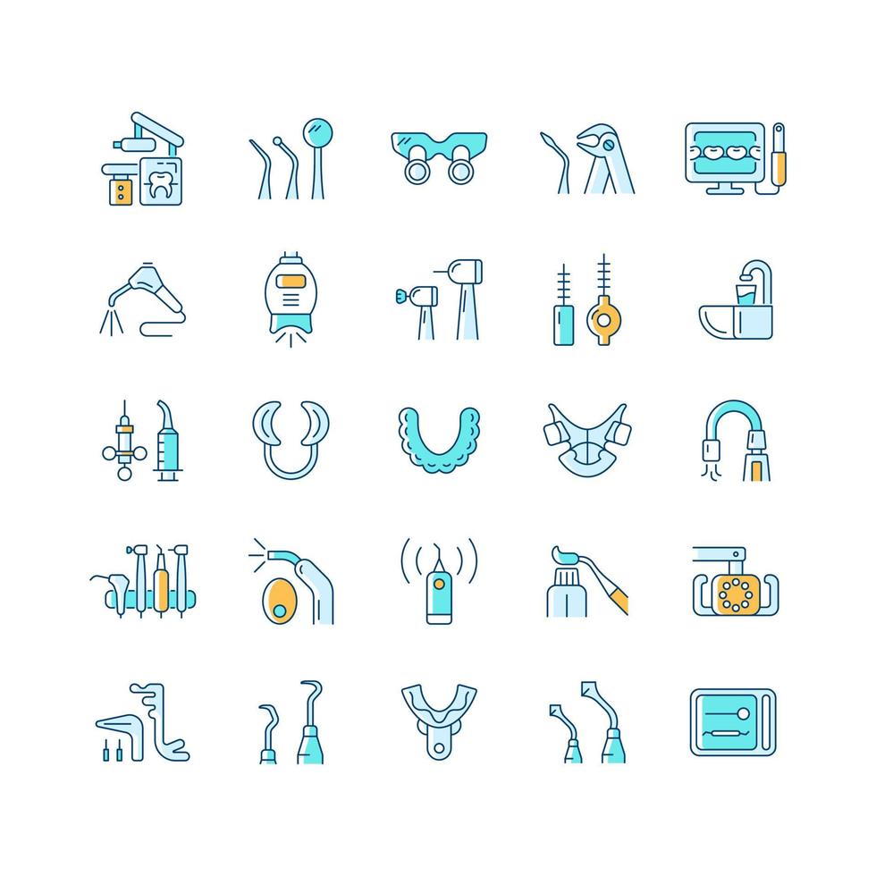 Dentistry tools and materials RGB color icons set. Dental procedures. Tooth repairing, treatment. Medical devices. Orthodontics. Isolated vector illustrations. Simple filled line drawings collection