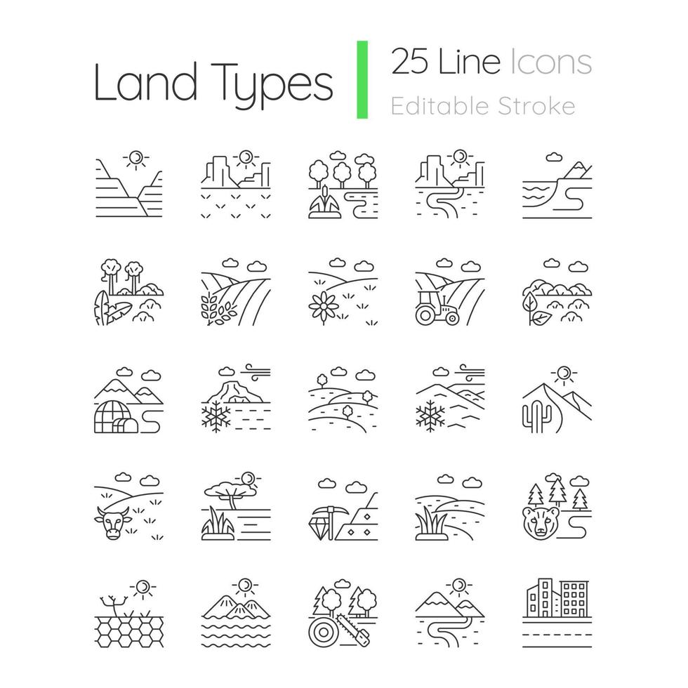 conjunto de iconos lineales de tipos de tierra. diversidad de biomas. zonas de clima cálido y frío. zonas agrícolas e industriales. símbolos de contorno de línea fina personalizables. ilustraciones aisladas de contorno vectorial. trazo editable vector